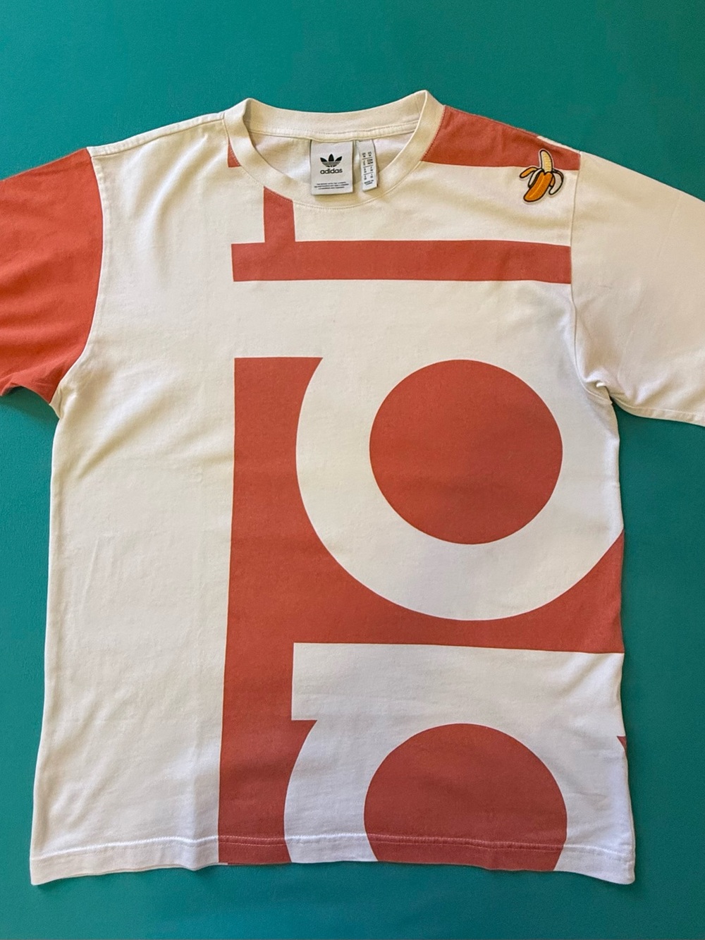 adidas White Tee with Coral Graphic and Banana Patch